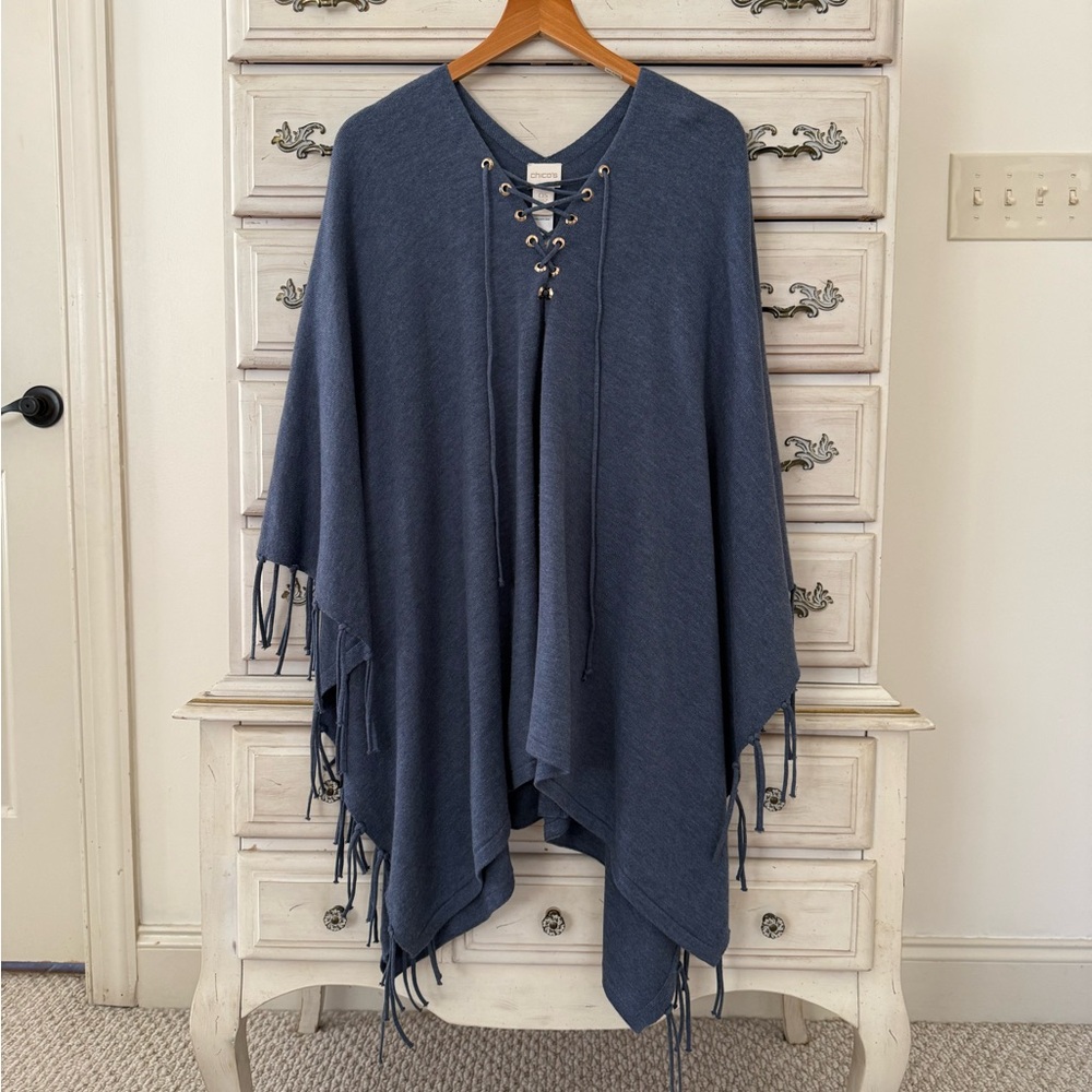 Chico’s Blue Festival Fringe Sweater Poncho